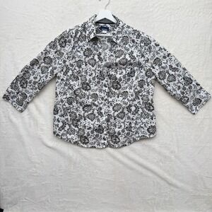 Basic Editions Blouse Womens XL Black Floral Paisley 3/4 Sleeve Button Down